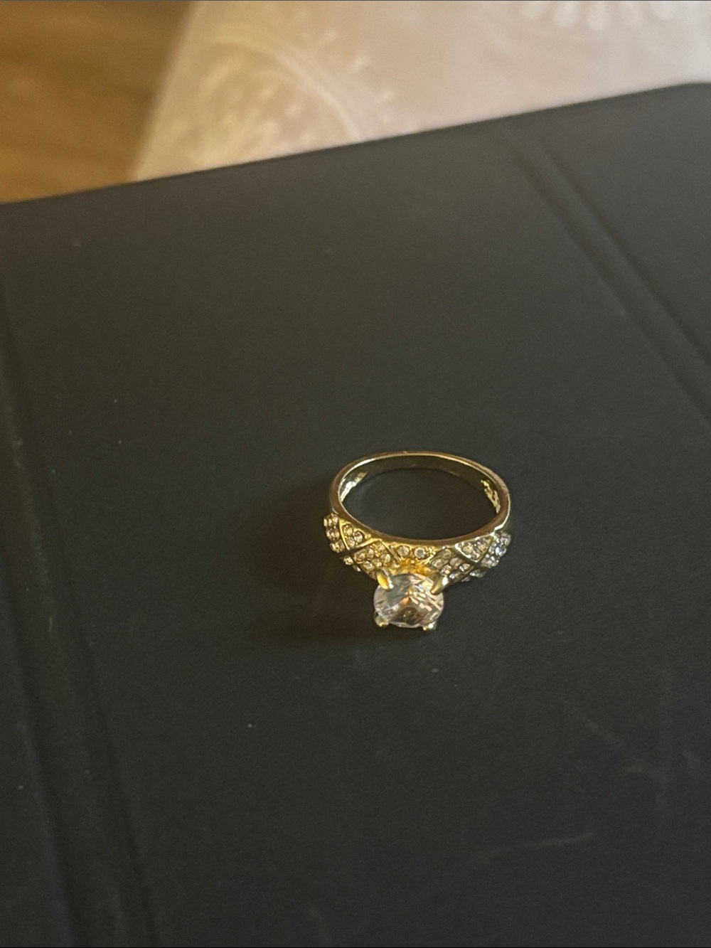 Gold Tone Crystal Solitaire Ring with Pavé Accents